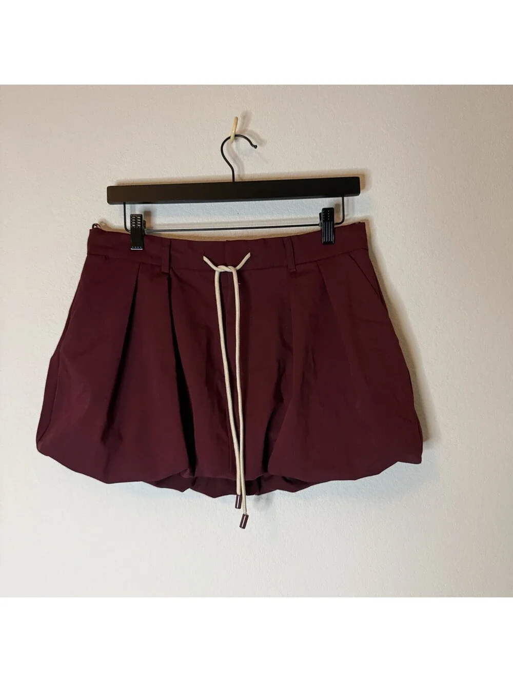 Zara Womens M Burgundy Balloon Skirt High Rise Drawstring Tailored Maroon